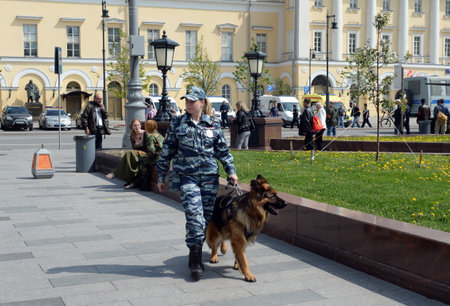 Police cynologist in the center of Moscow during the celebrations on victory Dayのeditorial素材