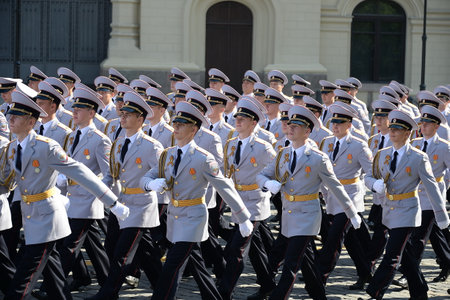 Police cadets of the Moscow University of the Ministry of internal Affairs of Russia at the dress rehearsal of the parade on red square in honor of Victory Dayのeditorial素材