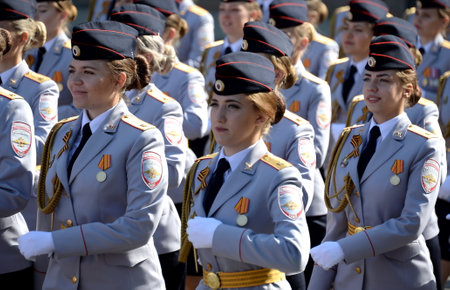 Female cadets of the Moscow University of the Ministry of internal Affairs of Russia at the dress rehearsal of the parade on red square in honor of Victory Dayのeditorial素材