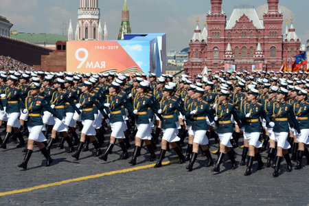 Female cadets of the Military University and the Volsky military Institute of material security at the dress rehearsal of the parade on red square in honor of Victory Dayのeditorial素材