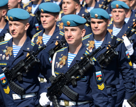 Cadets of the Ryazan airborne command school named after Margelov at the dress rehearsal of the parade on red square in honor of Victory Dayのeditorial素材