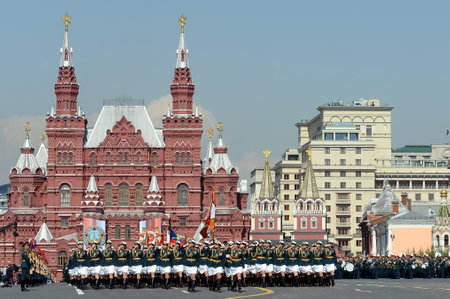 Female cadets of the Military University and the Volsky military Institute of material security at the dress rehearsal of the parade on red square in honor of Victory Dayのeditorial素材