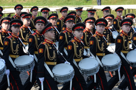 Drummers of the Moscow military music school at the dress rehearsal of the parade on red square in...