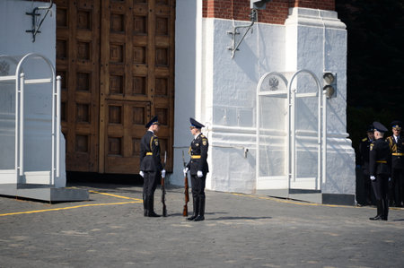 Changing the guard of honor at the post near the gate of the Spasskaya tower on Moscow's red square