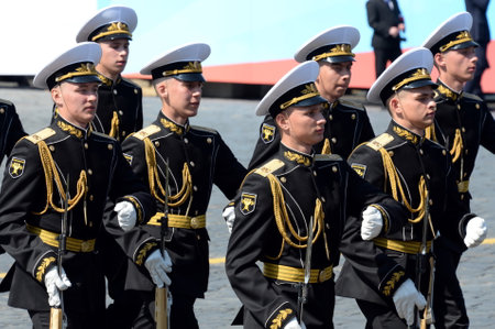 Soldiers of the company of honor guard of the Preobrazhensky regiment at the rehearsal of the parade in honor of the victory in the great Patriotic war on red squareのeditorial素材