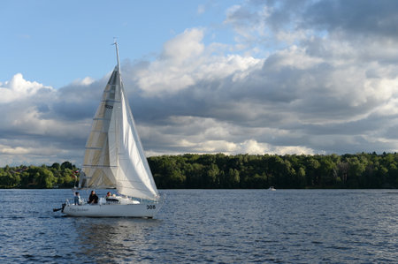 Yacht on the Pirogovsky reservoir of the Moscow Canalのeditorial素材