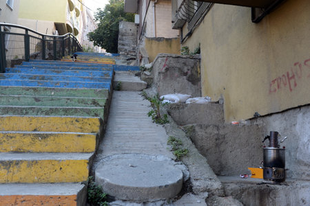 Multi-colored steps on the rise between houses in the urban area of Eyup Istanbulのeditorial素材
