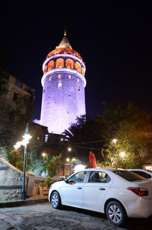 Night view of the Galata Tower from Byzantium times in Istanbulのeditorial素材