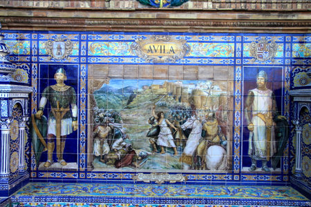 Panel of ceramic tiles on the square of Spain in Sevilleのeditorial素材