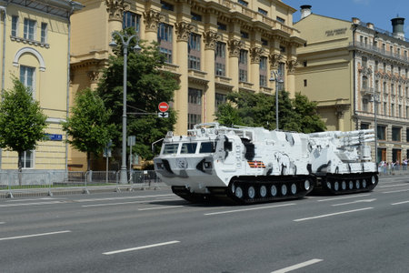 Arctic self-propelled anti-aircraft missile system "Pantsir-S A" on Mokhovaya street during the parade dedicated to the 75th anniversary of the Victoryのeditorial素材