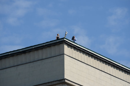 TV crew on the roof of the State Duma of the Russian Federation during the parade dedicated to the 75th anniversary of victory In the great Patriotic warのeditorial素材