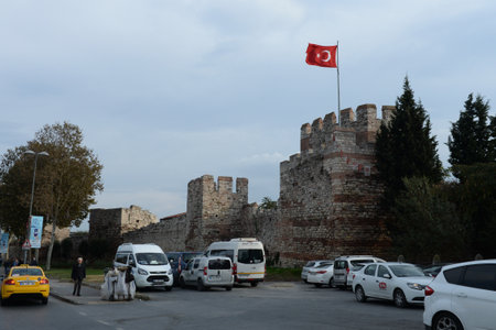 Blachernae section of the old fortress walls in Istanbul. Turkeyのeditorial素材