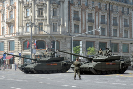 Russian main tank T-90M "Breakthrough" on Tverskaya Street in Moscow during the dress rehearsal of the parade dedicated to the 75th anniversary of Victory in the Great Patriotic Warのeditorial素材