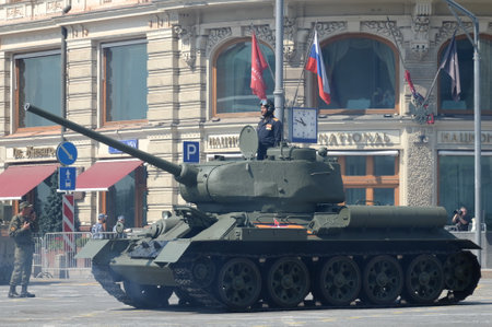 Medium tank T-34-85 on Tverskaya Street during the dress rehearsal of the parade dedicated to the 75th anniversary of Victoryのeditorial素材