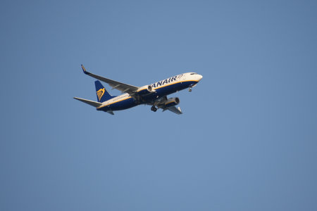 A Ryanair Boeing 737-800 (flight number EI-GJW) is coming in to land at Murcia-San Javier airport....