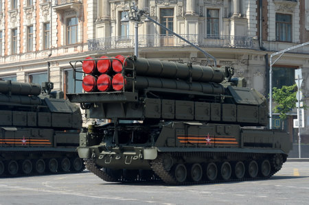 Buk-M3 anti-aircraft missile system on Tverskaya street during the dress rehearsal of the parade...