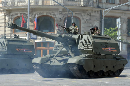 Russian 152 mm divisional self-propelled howitzer "Msta-S" on Tverskaya street in Moscow during the dress rehearsal of the Victory paradeのeditorial素材
