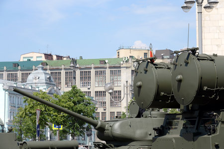 Military equipment on Tverskaya street in Moscow during the dress rehearsal of the parade dedicated to the 75th anniversary of the Victoryのeditorial素材