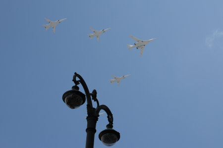 A group of Tu-22M3 strategic missile carriers with variable wing geometry and a Tu-160 supersonic...