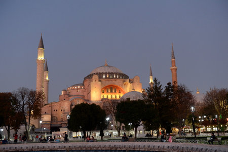 View of the night Hagia Sophia (Hagia Sophia mosque) from Sultanahmet square. Istanbul. Turkeyのeditorial素材