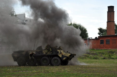 Explosion of the BTR-80 military armored personnel carrier