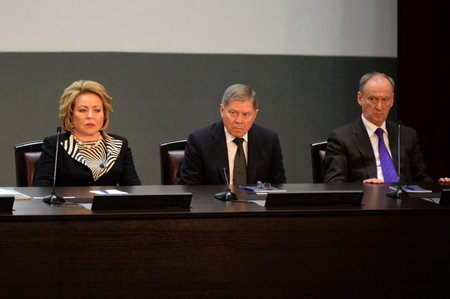 Chairman of the Federation Council Valentina Matvienko, Chairman of the Supreme Court Vyacheslav Lebedev and Secretary of the Security Council Nikolai Patrushevのeditorial素材