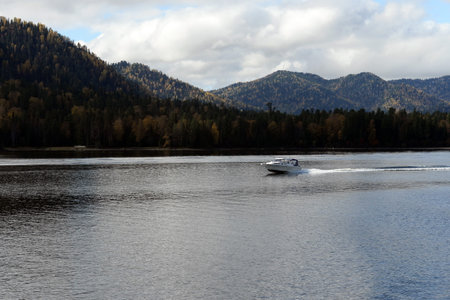 Boat on Lake Teletskoye. Altai Republic. Western Siberiaのeditorial素材