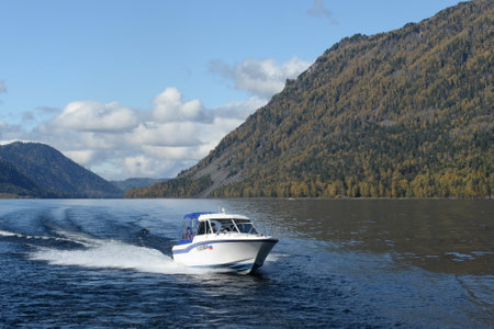 Boat on Lake Teletskoye. Altai Republic. Western Siberiaのeditorial素材