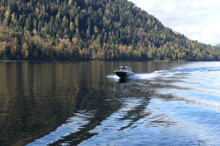 Boat on Lake Teletskoye. Altai Republic. Western Siberiaのeditorial素材