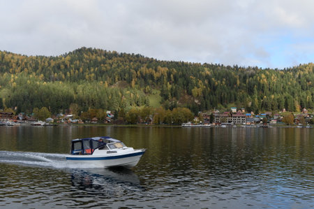 Boat on Lake Teletskoye. Altai Republic. Western Siberiaのeditorial素材