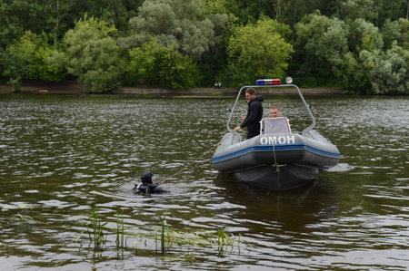 National Guard divers search for items at the bottom of the Moskva Riverのeditorial素材