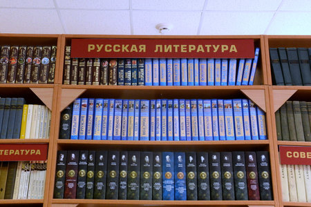 Books on a shelf in the library of the Russian educational colonyのeditorial素材