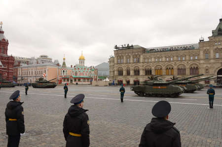 Russian T-80BVM battle tank with a gas turbine engine at the Victory Day parade on Moscow's Red Squareのeditorial素材