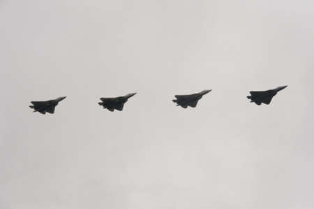 Russian multi-purpose fighters of the fifth generation Su-57 in the sky over Moscow's Red Square during the Victory Air Paradeのeditorial素材