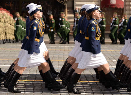 Female cadets of the Marshal Zhukov Military Academy of Aerospace Defense and the Military Space Academy named after Mozhaisky during the dress rehearsal of the paradeのeditorial素材