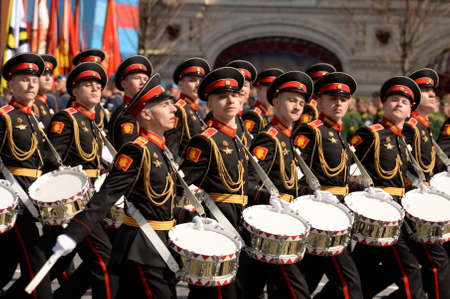 Drummers of the Moscow military Music School during the dress rehearsal of the parade on Red Square...