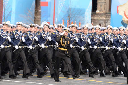 Cadets of the Naval Polytechnic Institute during the dress rehearsal of the parade on Red Square in honor of Victory Dayのeditorial素材
