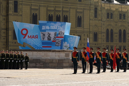The banner group of the separate commandant's Preobrazhensky regiment with the Victory banner and...