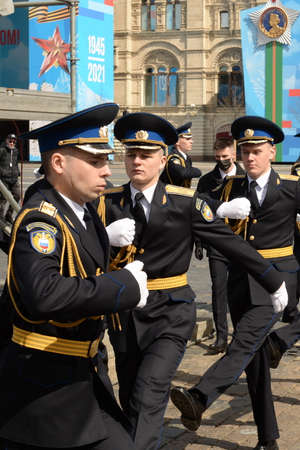 Soldiers of the presidential regiment during the dress rehearsal of the military parade on Red...