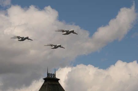 IL-76MD military transport planes over Moscow's Red Square during the dress rehearsal of the Victory Day air paradeのeditorial素材