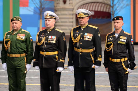 Commanders of the drill boxes of the military parade on Moscow`s Red Square in honor of the 76th...