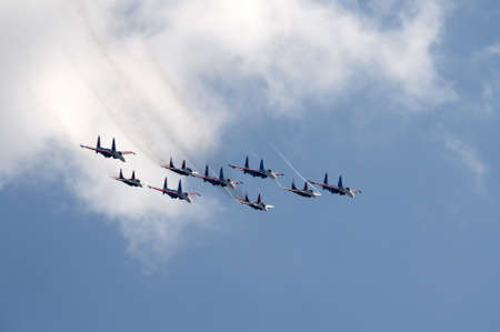 Flight of the Strizhi aerobatic team on multi-purpose high-maneuverable MiG-29 fighters at the...