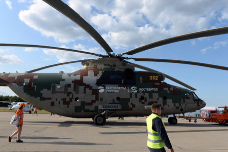 Russian heavy military transport upgraded Mi-26T2B Halo helicopter in digital camouflage at the...