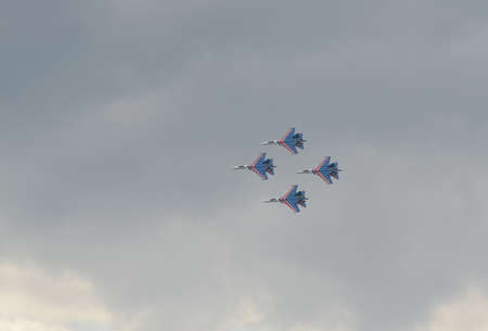 The Russian Knights aerobatics group in the sky at the MAKS-2021 International Aviation and Space...