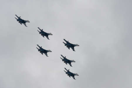 The Russian Knights aerobatics group in the sky at the MAKS-2021 International Aviation and Space Salon in Zhukovskyのeditorial素材