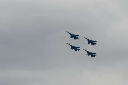 The Russian Knights aerobatics group in the sky at the MAKS-2021 International Aviation and Space Salon in Zhukovskyのeditorial素材
