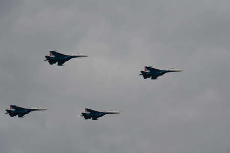 The Russian Knights aerobatics group in the sky at the MAKS-2021 International Aviation and Space...