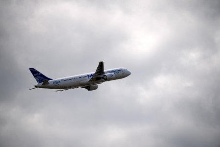 Demonstration flight of the new Russian twin-engine passenger aircraft MS-21-300 at the International Aviation and Space Salon MAKS-2021 in Zhukovskyのeditorial素材