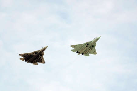 Russian multi-purpose fighters of the fifth generation Su-57 over Moscow during the dress rehearsal...