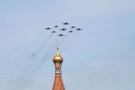The formation of military aircraft "Cuban diamond" in the sky over Moscow during the dress rehearsal of the parade dedicated to the 77th anniversary of Victoryのeditorial素材